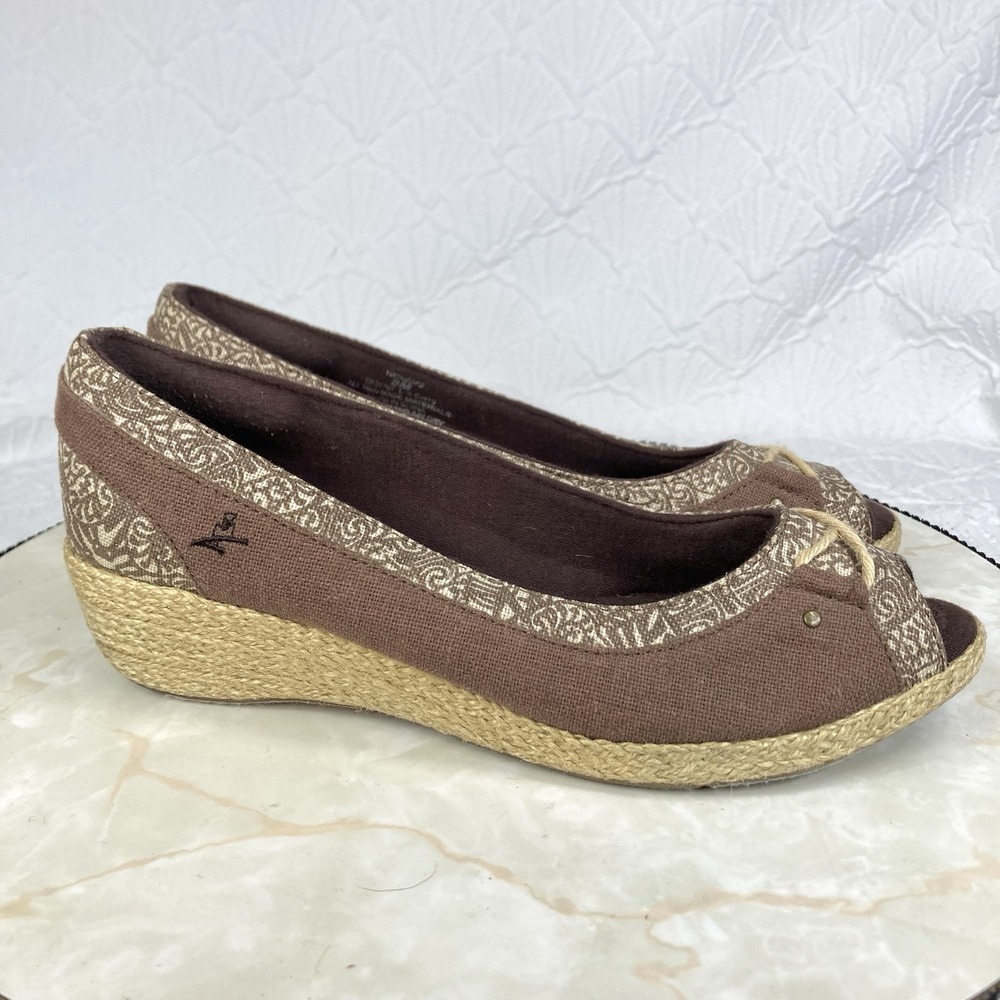 Grasshoppers Peep Toe Espadrille Wedge Shoes Women 8 Brown Comfort Slip On Heels - Picture 2 of 12